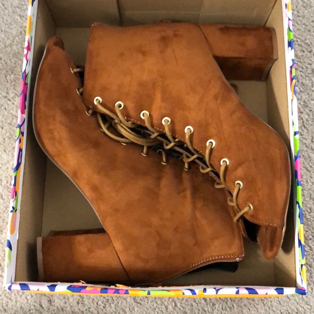 Brown suede peep toe booties